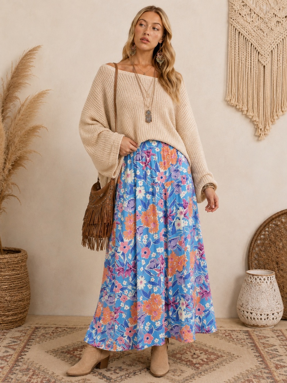 Promesa- Blue Floral Maxi Wrap Skirt with Orange & Pink Blooms various sizes - Picture 3 of 12